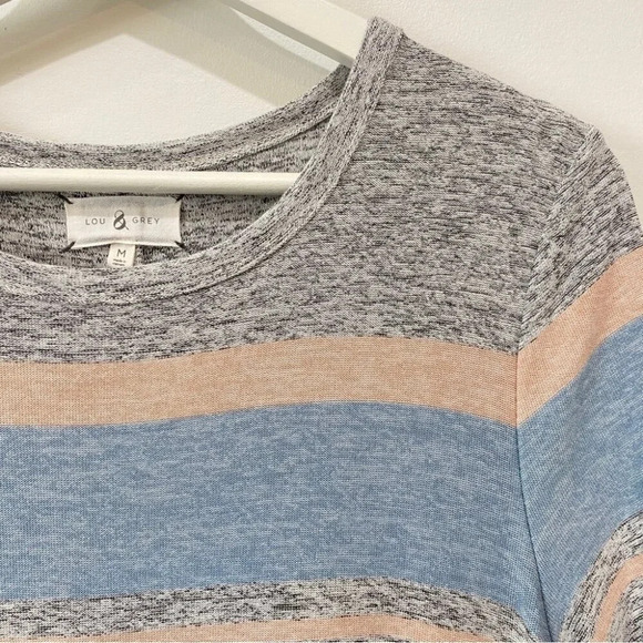 Lou & Grey M Jersey Knit Striped Fit and Flare Dress Grey and Pink Midi Dress - Picture 3 of 17